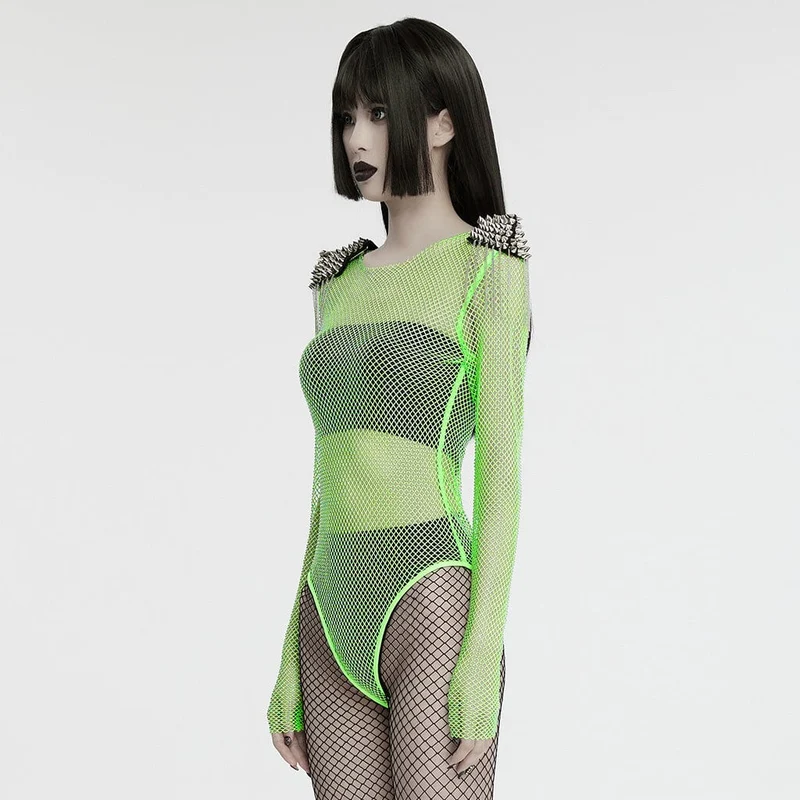Damen Punk Nieten Quaste Mesh Bodysuit Grün