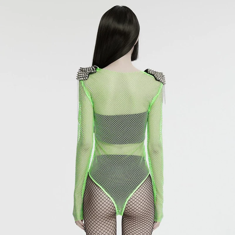 Damen Punk Nieten Quaste Mesh Bodysuit Grün