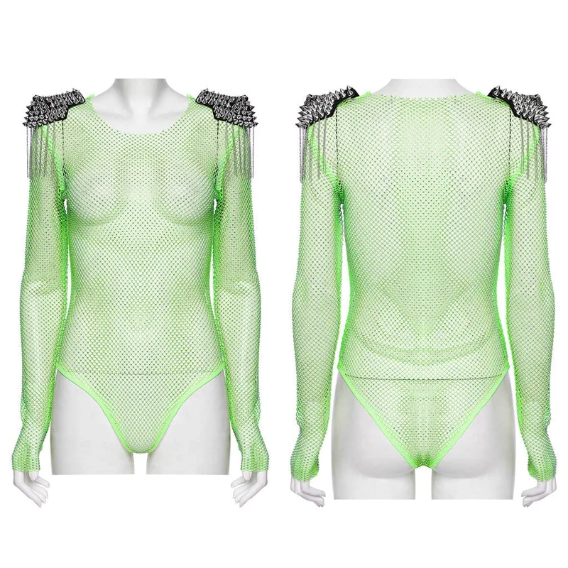 Damen Punk Nieten Quaste Mesh Bodysuit Grün