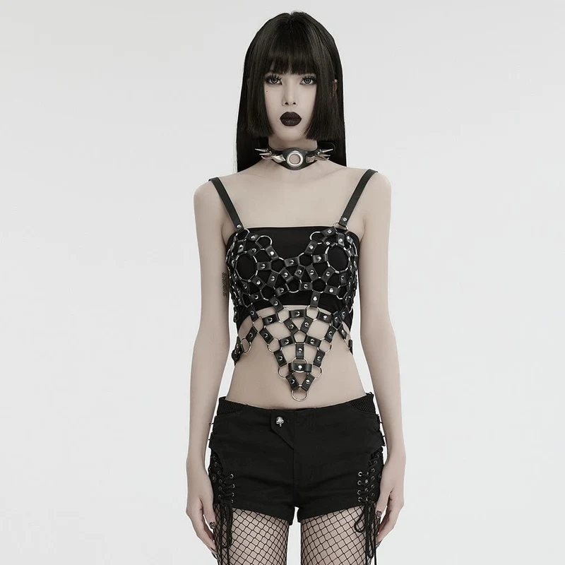 Damen Punk Cutout Ring Kunstleder Crop Top