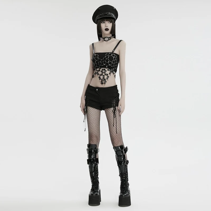 Damen Punk Cutout Ring Kunstleder Crop Top