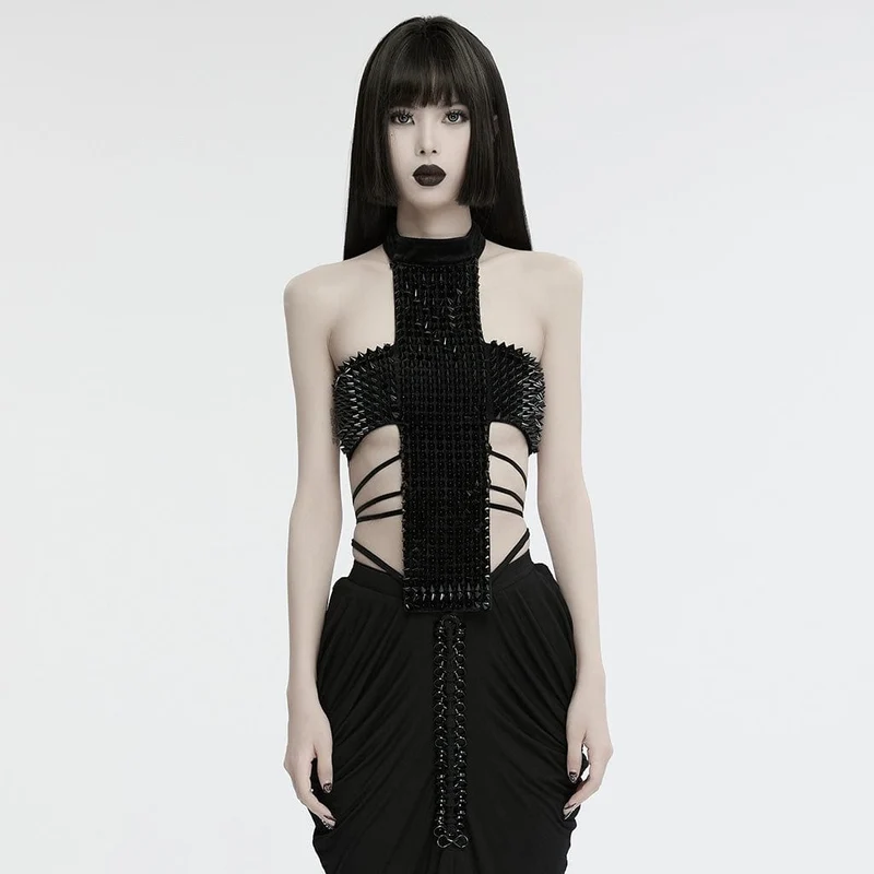 Gothic Neckholder Top mit Nieten und Schnürung für Damen