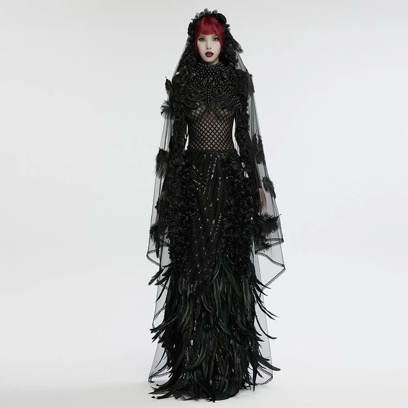 Gothic-Schleier aus floralem Netzstoff mit Federspleiß für Damen