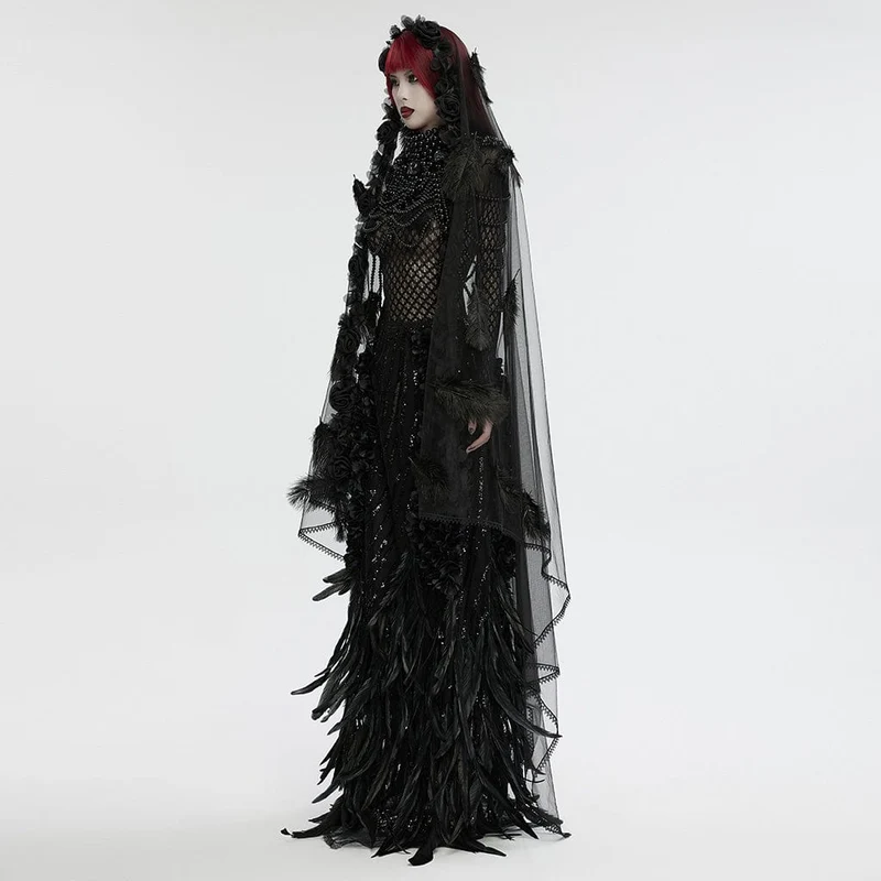 Gothic-Schleier aus floralem Netzstoff mit Federspleiß für Damen