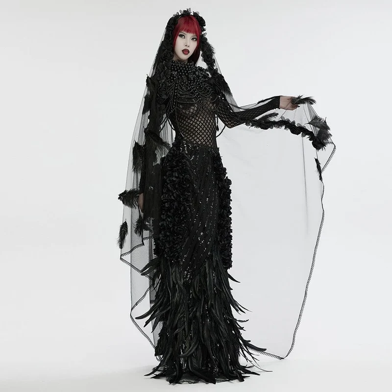 Gothic-Schleier aus floralem Netzstoff mit Federspleiß für Damen