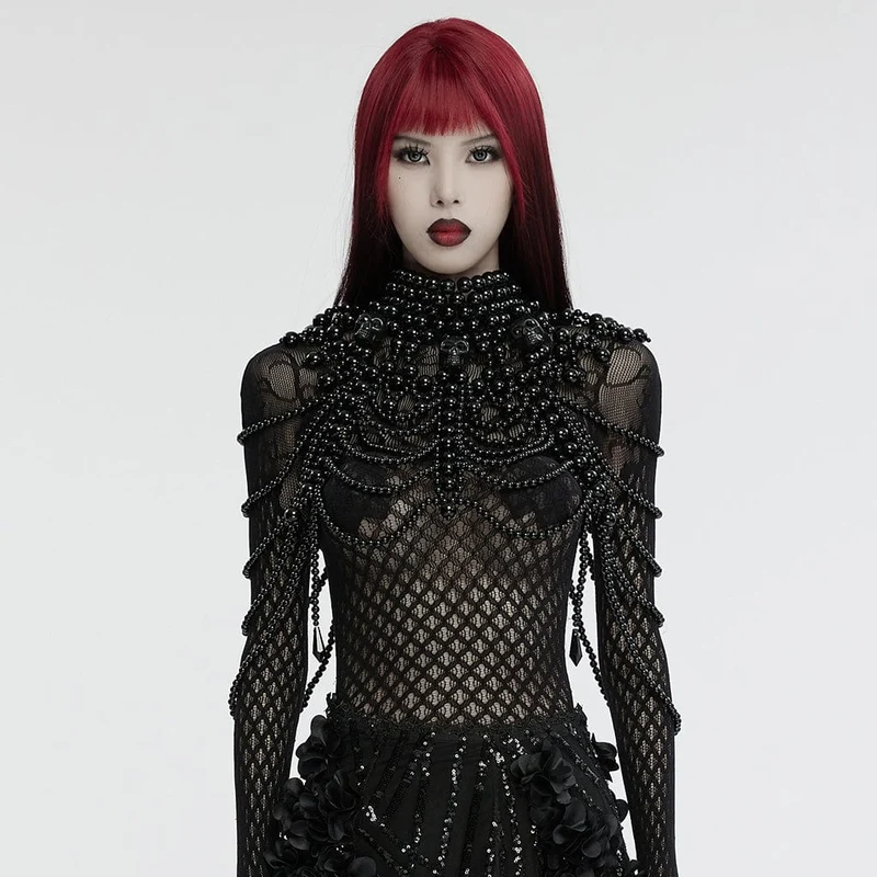 Damenhalsband mit Gothic-Totenkopf und Perlenbesatz
