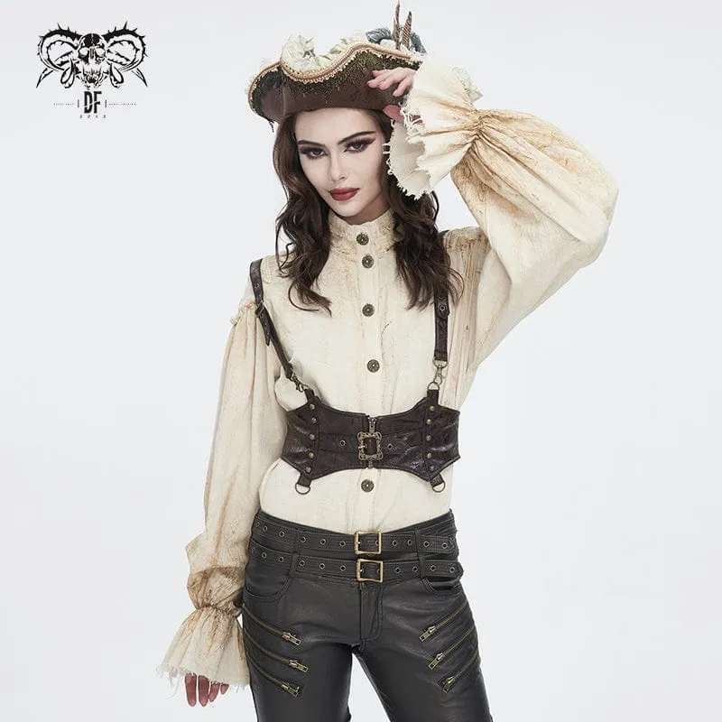 Damen Steampunk-Hemd in Beige mit Stehkragen und Puffärmeln
