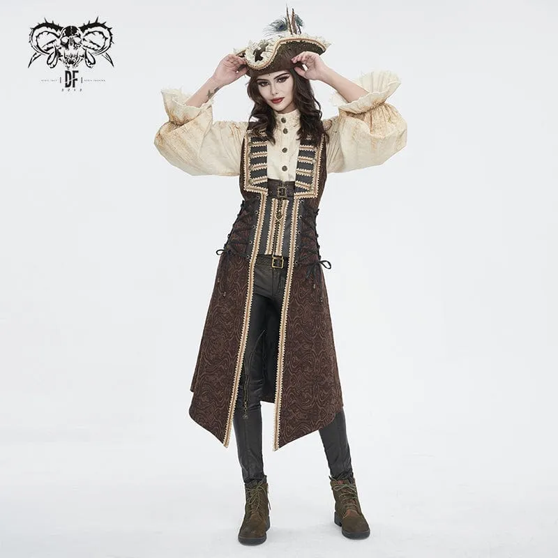 Damen Steampunk-Hemd in Beige mit Stehkragen und Puffärmeln