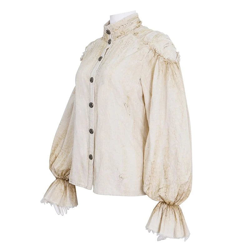 Damen Steampunk-Hemd in Beige mit Stehkragen und Puffärmeln