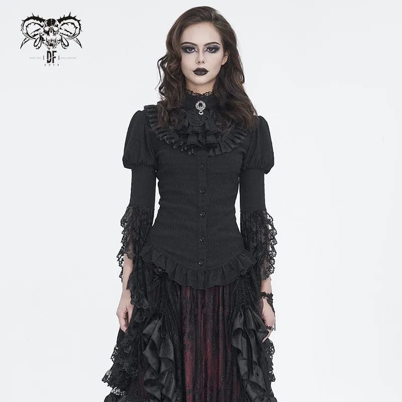 Damen-Gothic-Hemd mit Puffärmeln, Rüschen und abgesetzter Krawatte