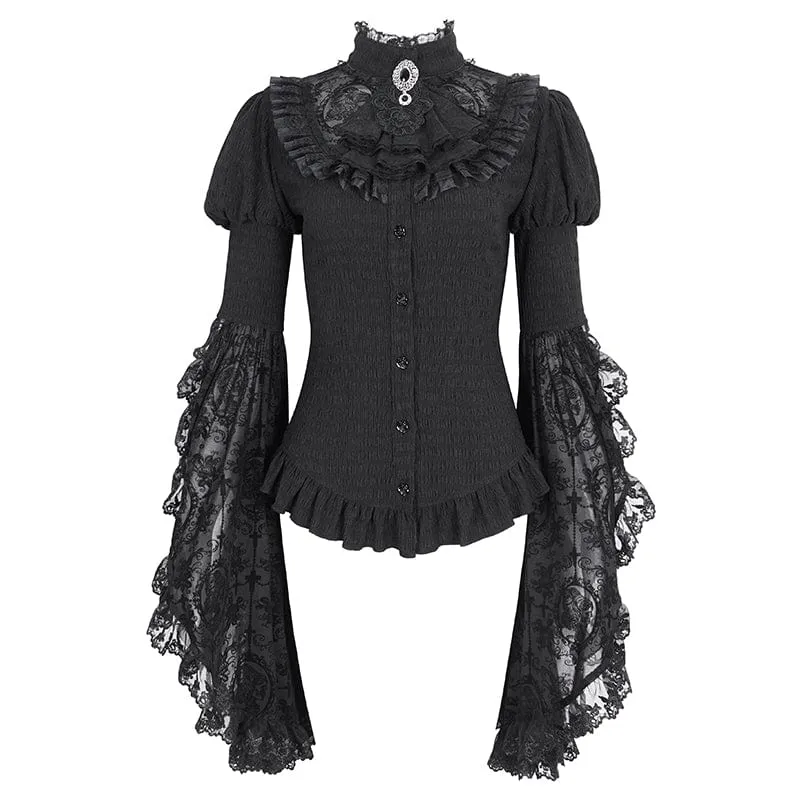 Damen-Gothic-Hemd mit Puffärmeln, Rüschen und abgesetzter Krawatte