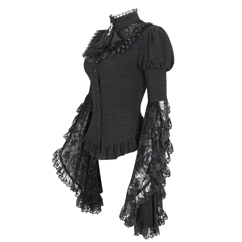 Damen-Gothic-Hemd mit Puffärmeln, Rüschen und abgesetzter Krawatte
