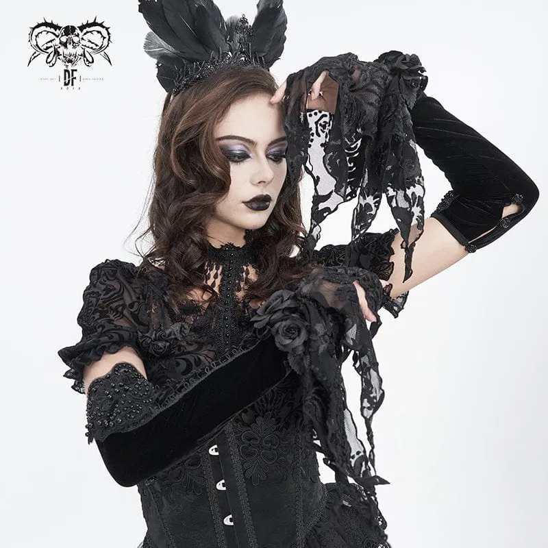 Damen-Gothic-Samthandschuhe mit Blumenmuster und Perlen