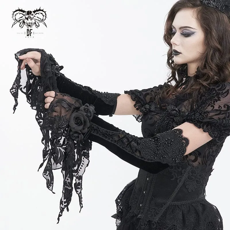 Damen-Gothic-Samthandschuhe mit Blumenmuster und Perlen