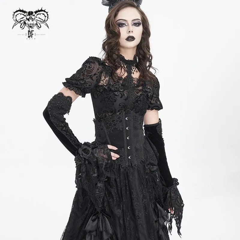 Damen-Gothic-Samthandschuhe mit Blumenmuster und Perlen