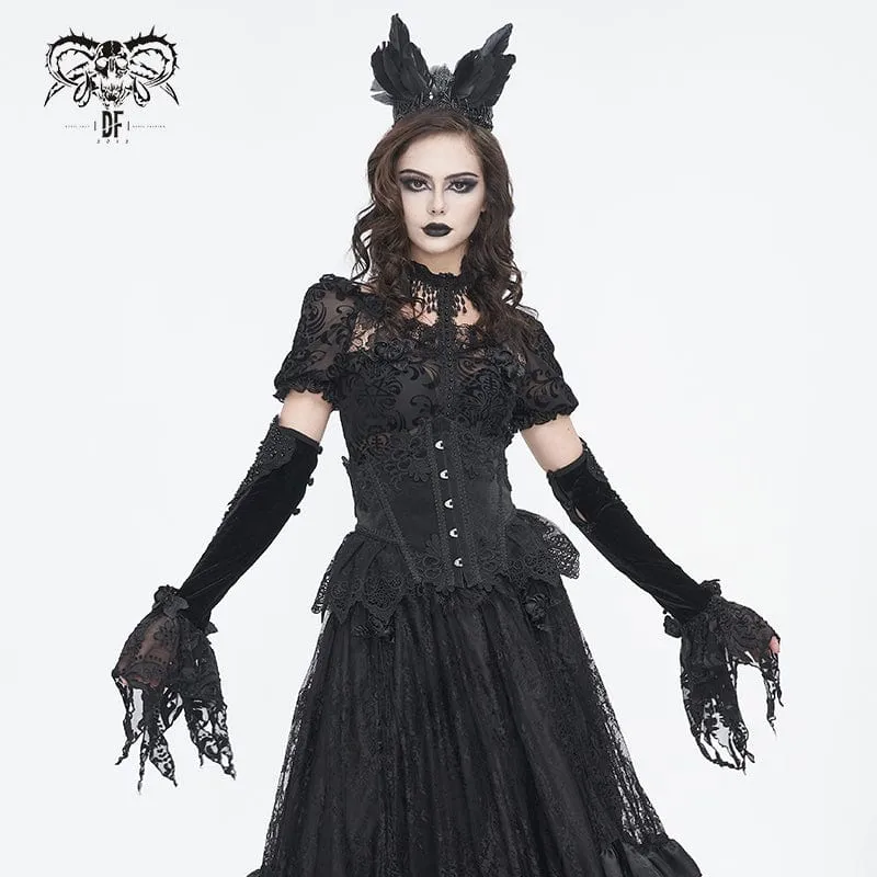 Damen-Gothic-Samthandschuhe mit Blumenmuster und Perlen