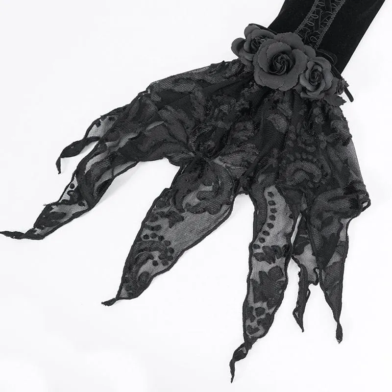 Damen-Gothic-Samthandschuhe mit Blumenmuster und Perlen
