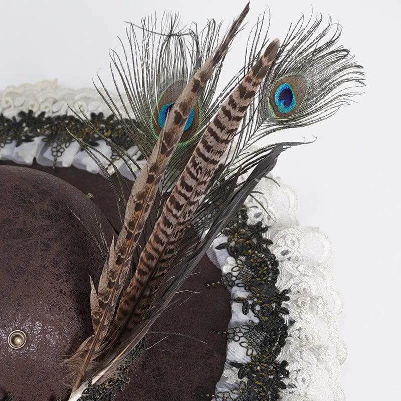 Damen-Steampunk-Hut mit gekräuselter Spitze und Splice-Feder
