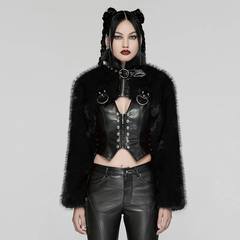 Damen Punk Stehkragen Kunstpelz Kurze Jacke Schwarz