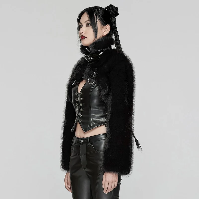 Damen Punk Stehkragen Kunstpelz Kurze Jacke Schwarz