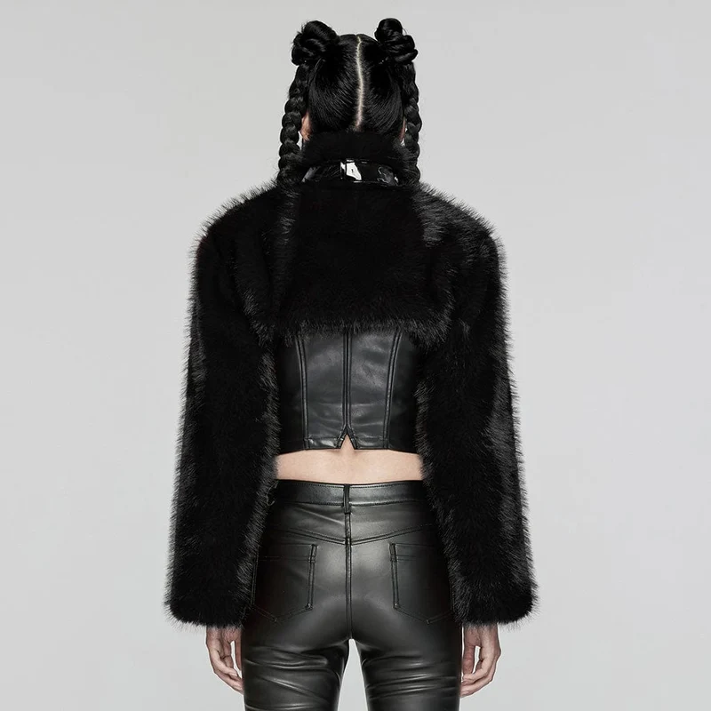 Damen Punk Stehkragen Kunstpelz Kurze Jacke Schwarz