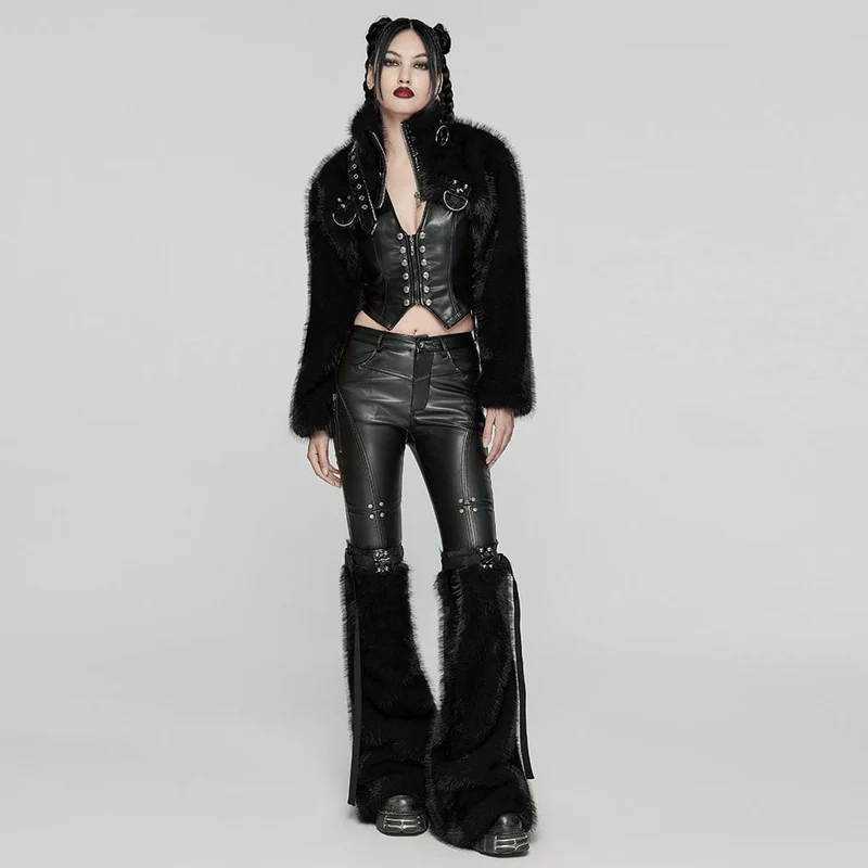 Damen Punk Stehkragen Kunstpelz Kurze Jacke Schwarz
