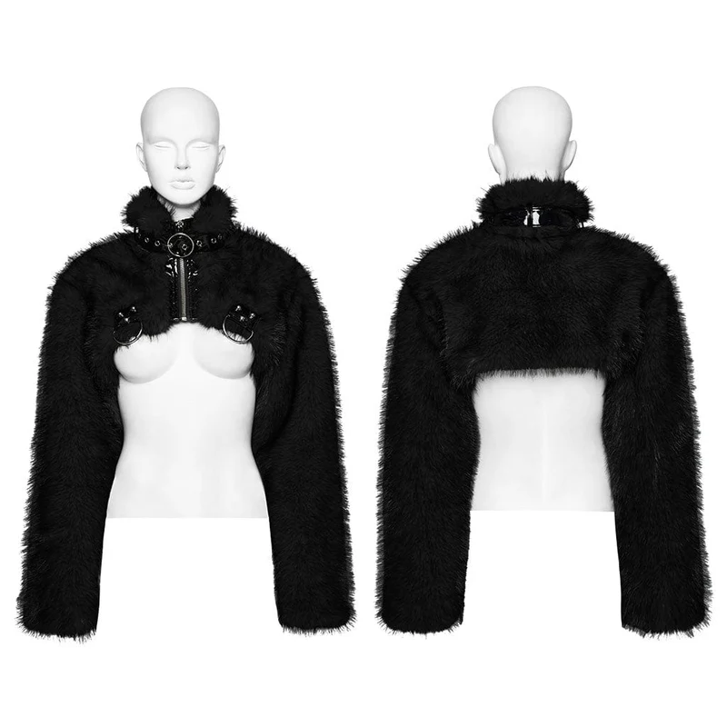 Damen Punk Stehkragen Kunstpelz Kurze Jacke Schwarz