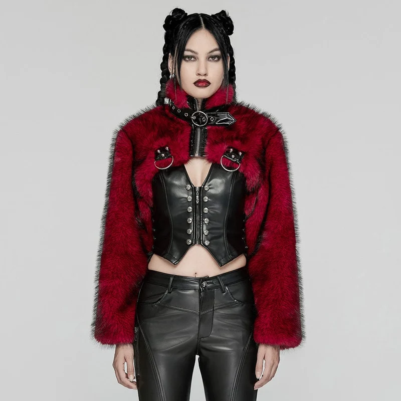 Damen Punk Stehkragen Kunstpelz Kurze Jacke Rot