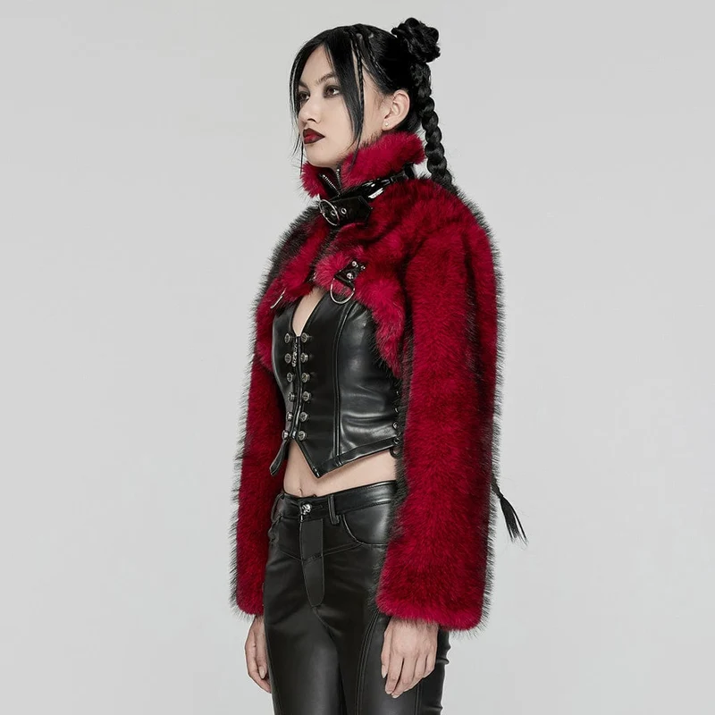 Damen Punk Stehkragen Kunstpelz Kurze Jacke Rot