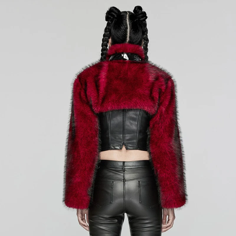 Damen Punk Stehkragen Kunstpelz Kurze Jacke Rot
