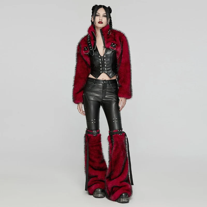 Damen Punk Stehkragen Kunstpelz Kurze Jacke Rot