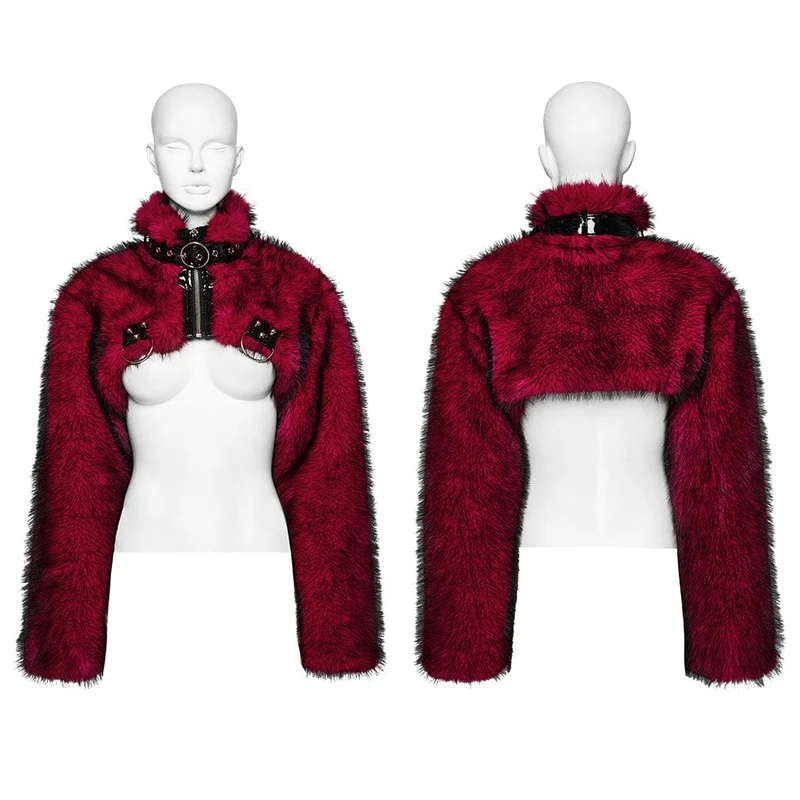 Damen Punk Stehkragen Kunstpelz Kurze Jacke Rot
