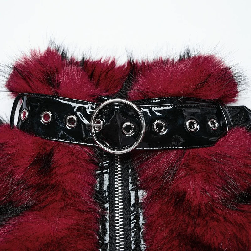 Damen Punk Stehkragen Kunstpelz Kurze Jacke Rot