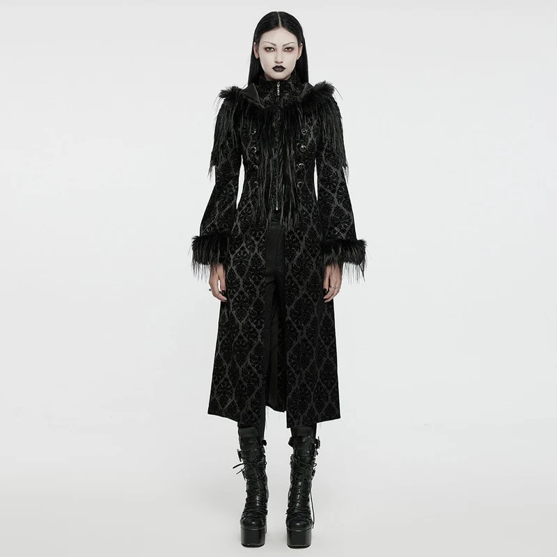 Gothic-Mantel aus Kunstpelz mit Jacquardmuster und Kapuze für Damen