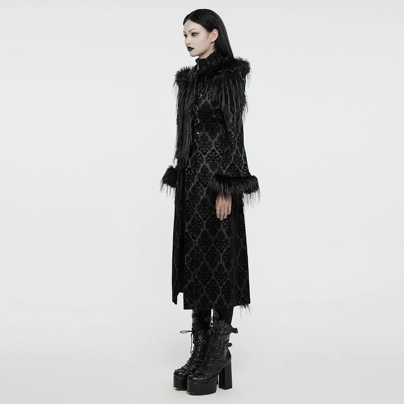 Gothic-Mantel aus Kunstpelz mit Jacquardmuster und Kapuze für Damen