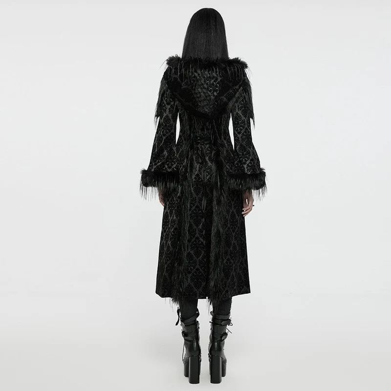 Gothic-Mantel aus Kunstpelz mit Jacquardmuster und Kapuze für Damen
