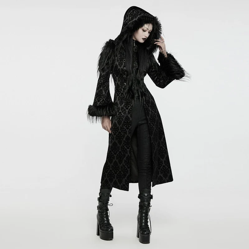 Gothic-Mantel aus Kunstpelz mit Jacquardmuster und Kapuze für Damen