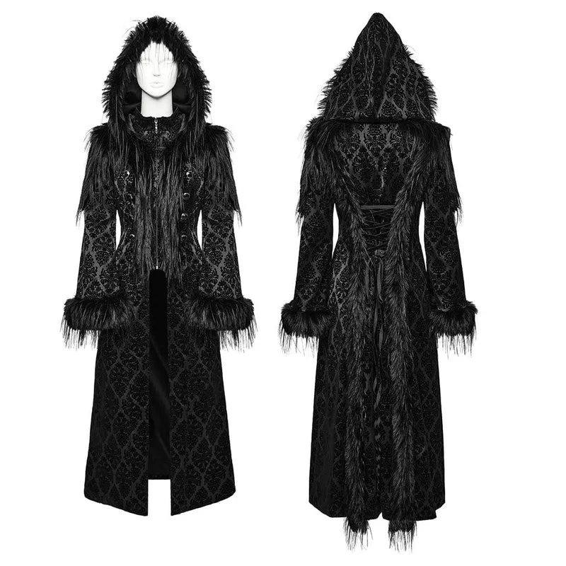 Gothic-Mantel aus Kunstpelz mit Jacquardmuster und Kapuze für Damen
