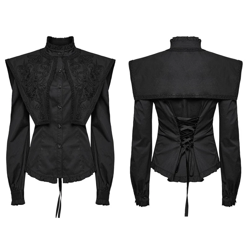 Gothic Rüschen Stehkragen Schnürhemd für Damen Schwarz