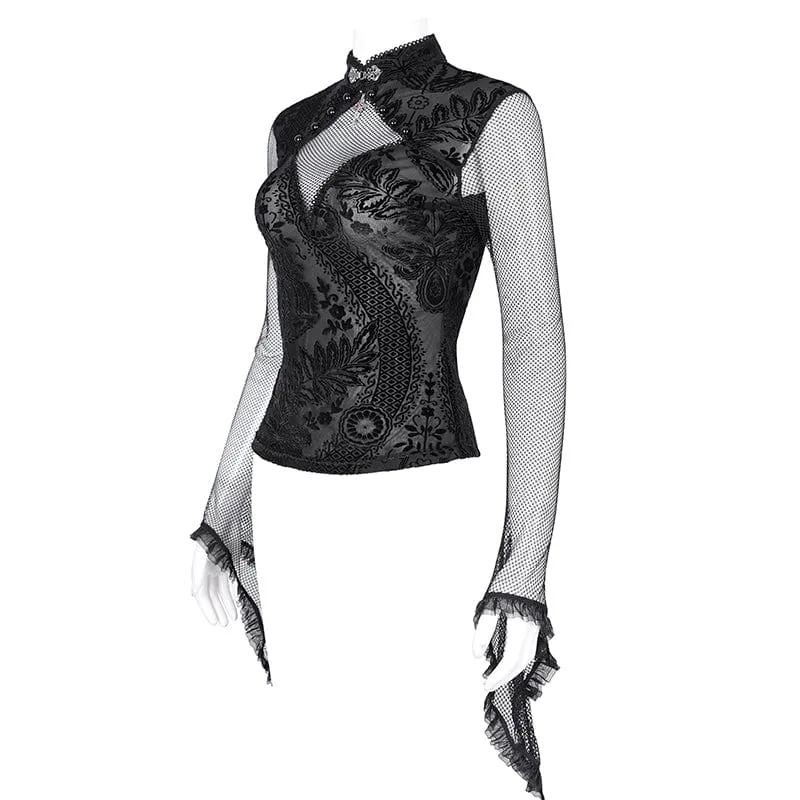 Gothic-Langarmshirt aus Netzstoff mit Blumenspitze und Cut-outs für Damen