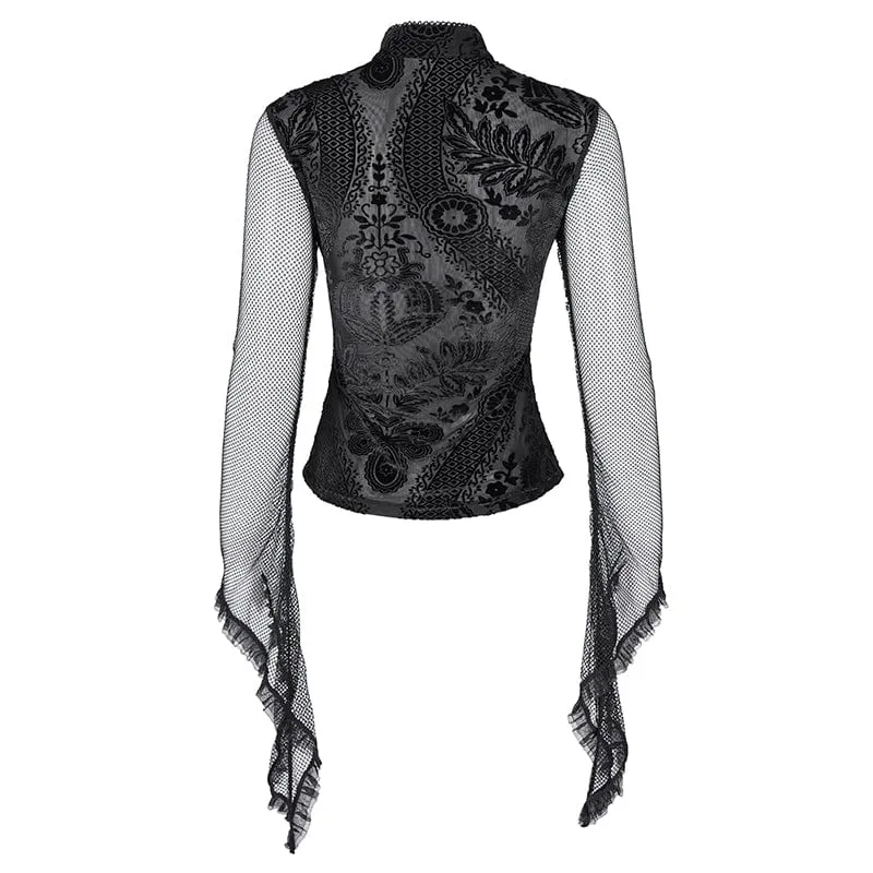Gothic-Langarmshirt aus Netzstoff mit Blumenspitze und Cut-outs für Damen
