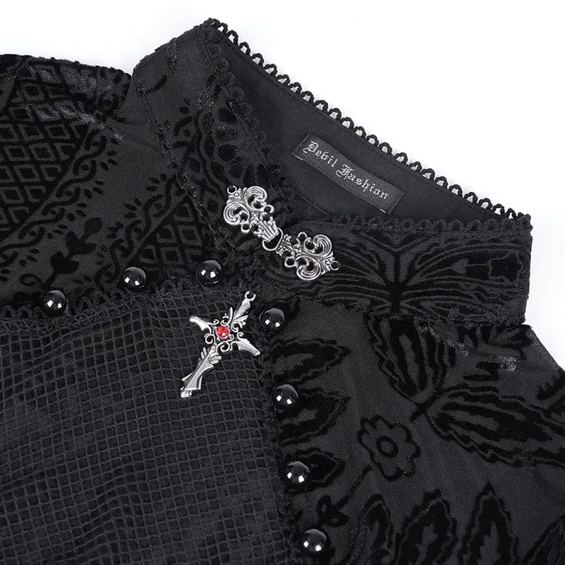 Gothic-Langarmshirt aus Netzstoff mit Blumenspitze und Cut-outs für Damen