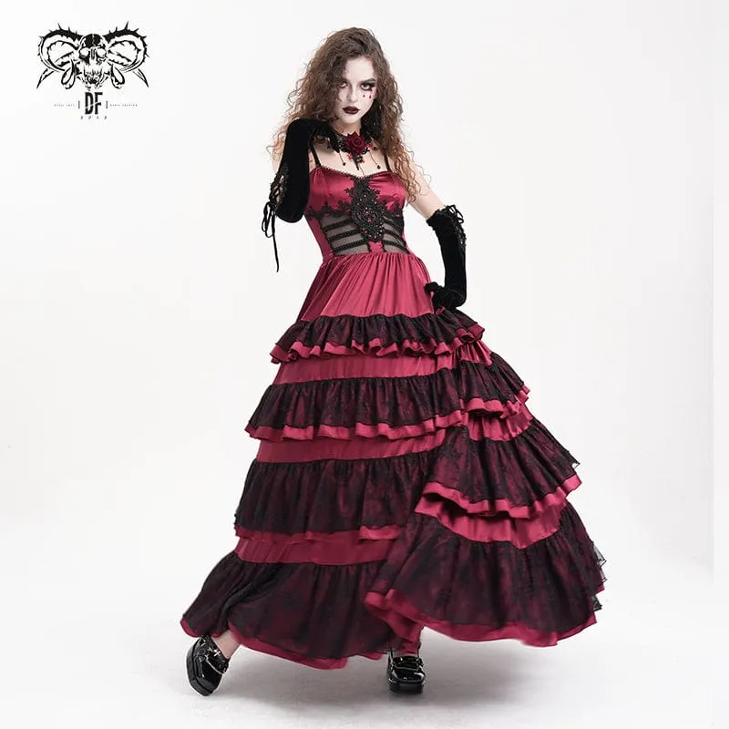 Rotes Gothic-Schnürkleid aus Mesh-Spitze für Damen, ideal als Hochzeitskleid