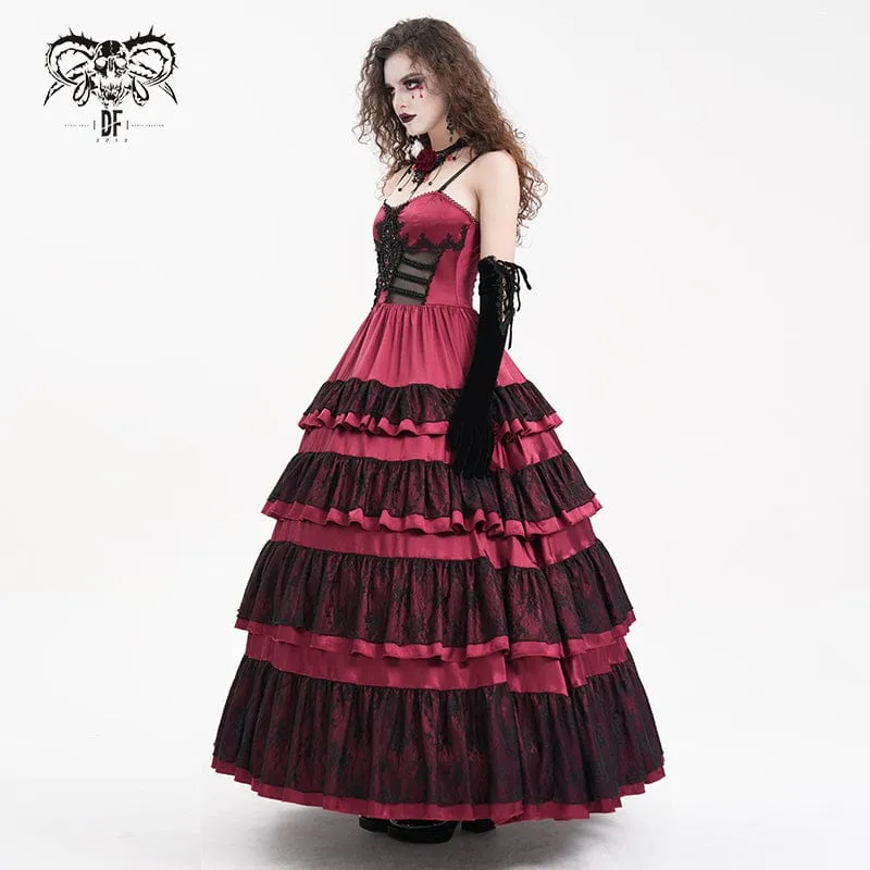 Rotes Gothic-Schnürkleid aus Mesh-Spitze für Damen, ideal als Hochzeitskleid