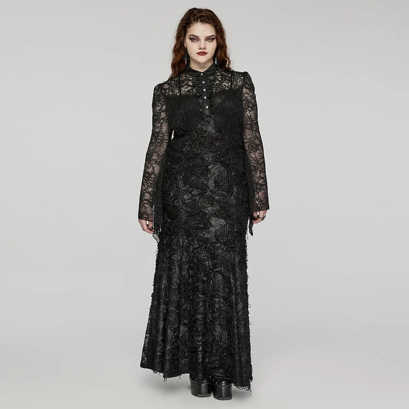 Damen-Kleid, Übergröße, Gothic-Stil, Umlegekragen, Spitzen-Splice-Kleid, Hochzeitskleid