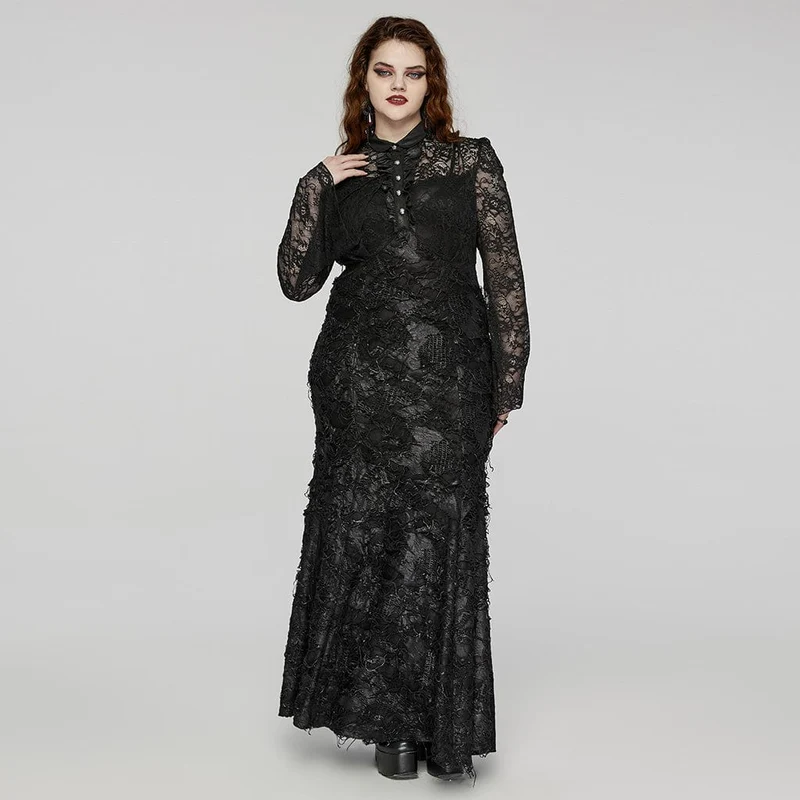 Damen-Kleid, Übergröße, Gothic-Stil, Umlegekragen, Spitzen-Splice-Kleid, Hochzeitskleid