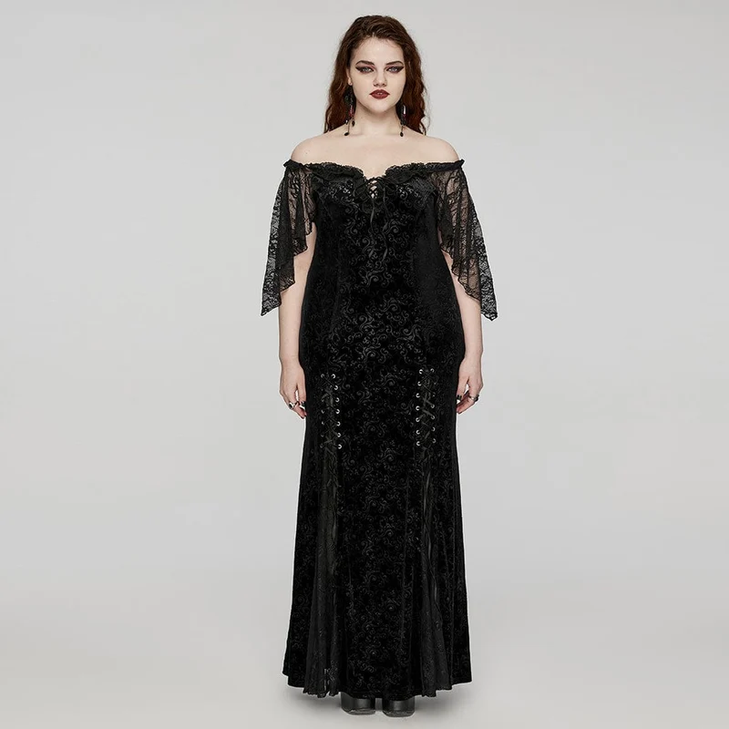 Damen Plus Size Gothic Off-the-Shoulder Schnür-Samtkleid Hochzeitskleid