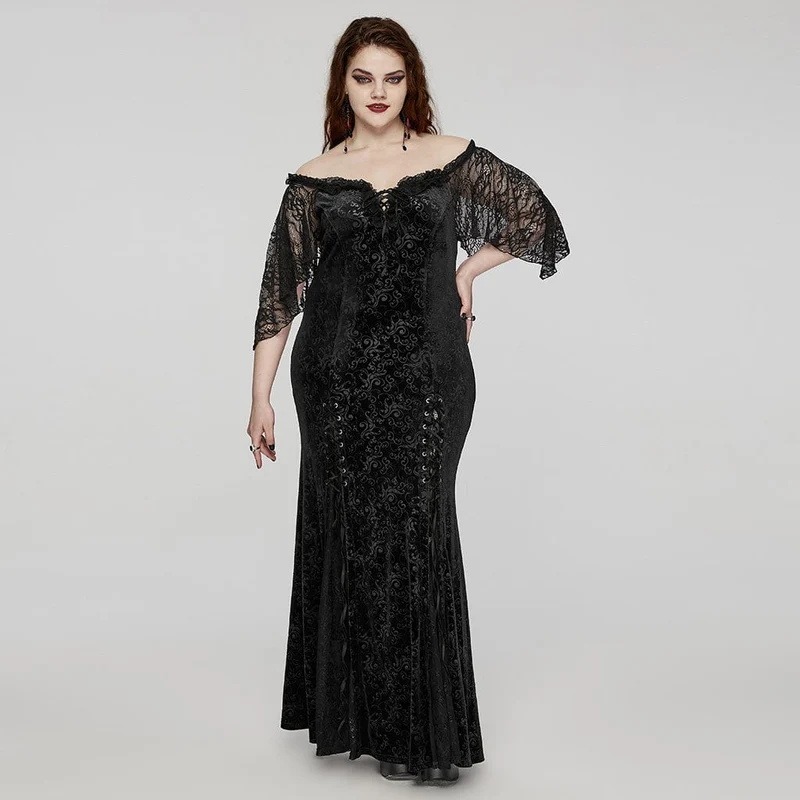 Damen Plus Size Gothic Off-the-Shoulder Schnür-Samtkleid Hochzeitskleid