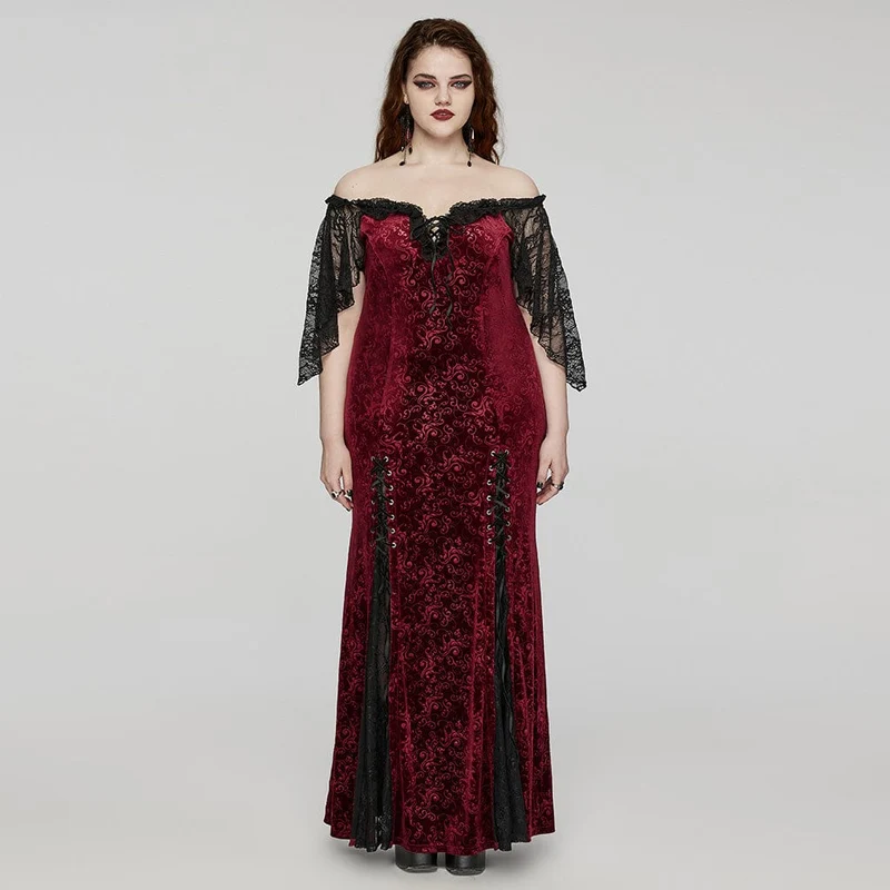 Damen-Hochzeitskleid aus schulterfreiem Gothic-Stil mit Schnürung aus rotem Samt in Übergröße