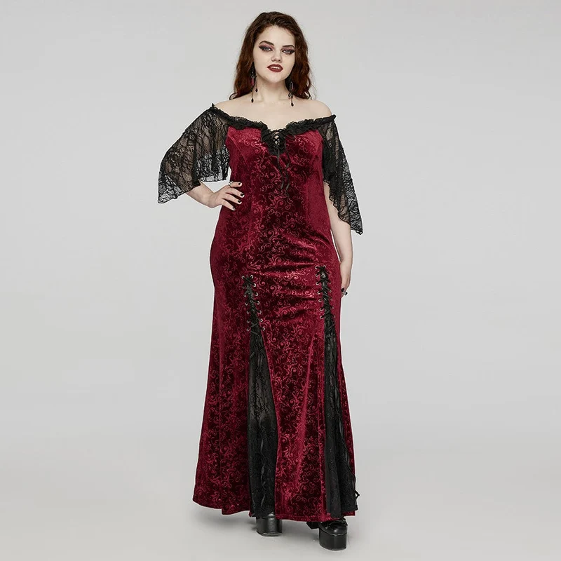 Damen-Hochzeitskleid aus schulterfreiem Gothic-Stil mit Schnürung aus rotem Samt in Übergröße
